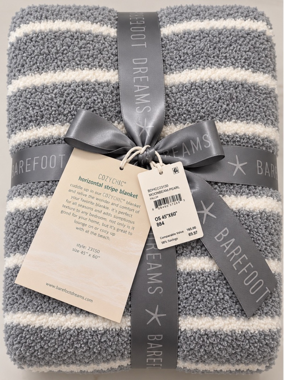 Barefoot Dreams CozyChic Horizontal Stripe Blanket Grey & White 45”X60” NWT